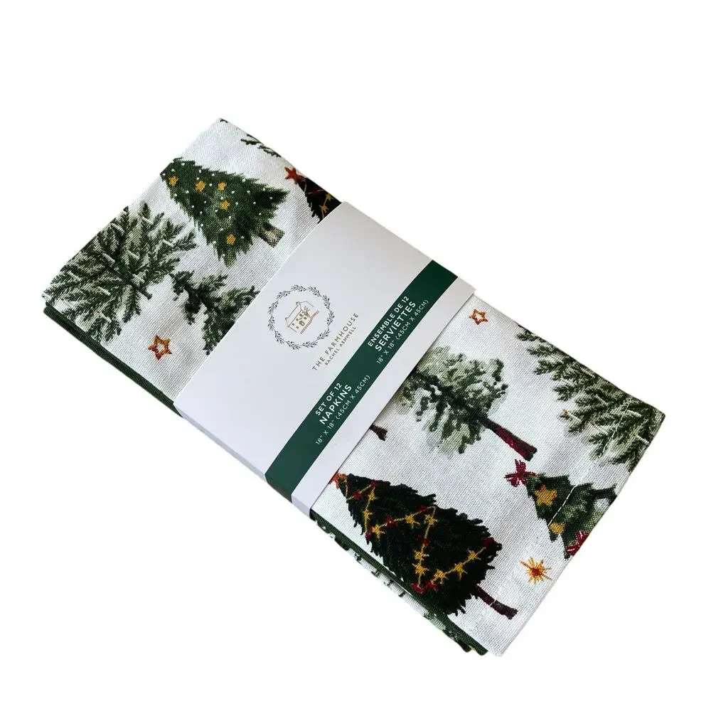 Rachel Ashwell Farmhouse CHRISTMAS TREE Cotton Napkins 12pc Green White New